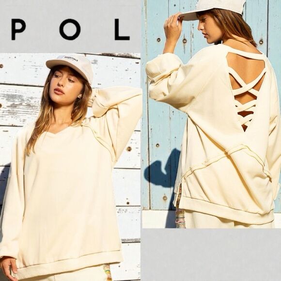 POL Beige Open Back Cross Strap Balloon Sleeve Sweatshirt Large NEW - Picture 3 of 12